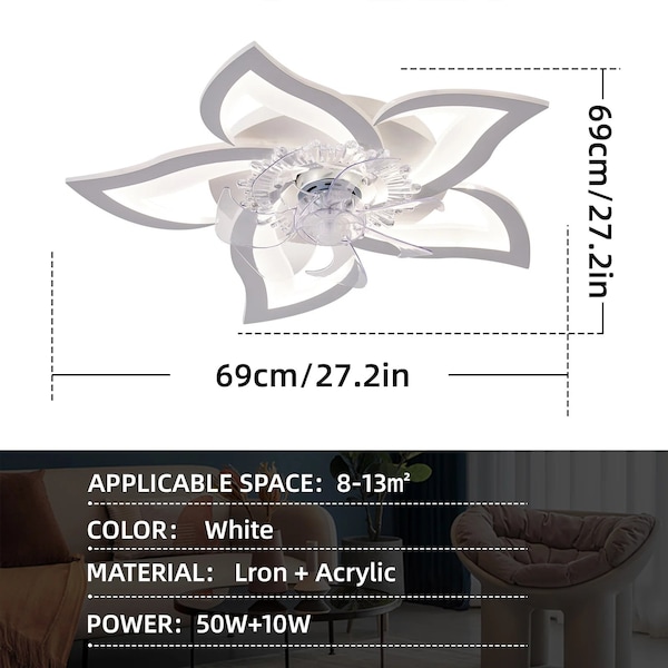 27.2in Integrated LED Indoor White Flower-Shaped Lighting Fan With 6 Speed, 3 Color Temps